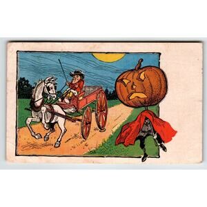 Halloween Postcard White Horse Carriage Buggy Coach JOL Pumpkin Oct 31 Cancel
